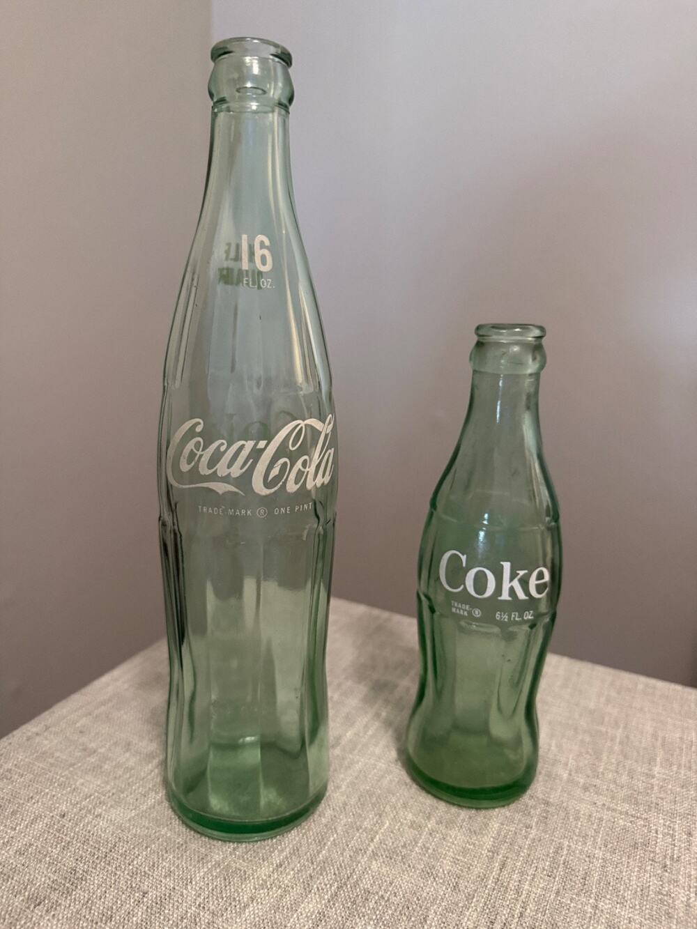 🥤 Vintage Coca-Cola Coke Bottle Pair – 6.5 oz & 16 oz – Classic Green Glass